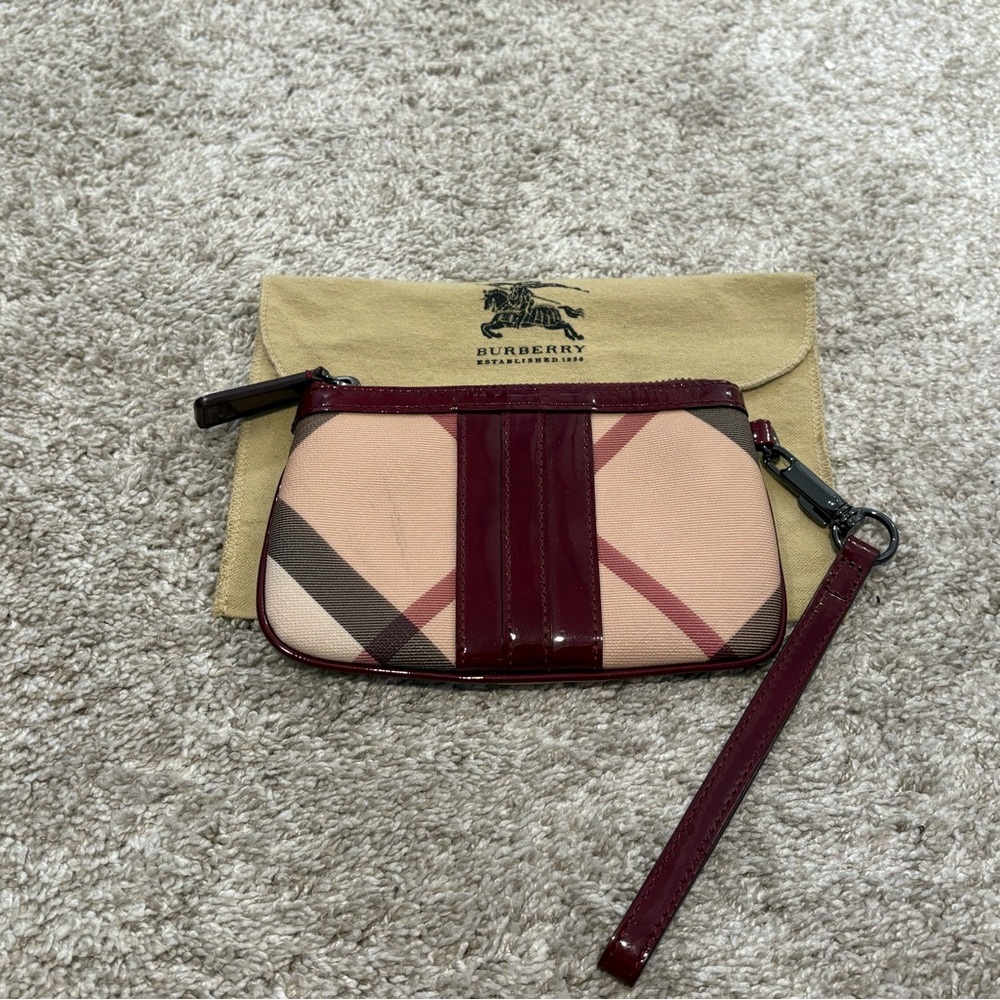 Burberry Checkered Wristlet - Burgundy and Beige